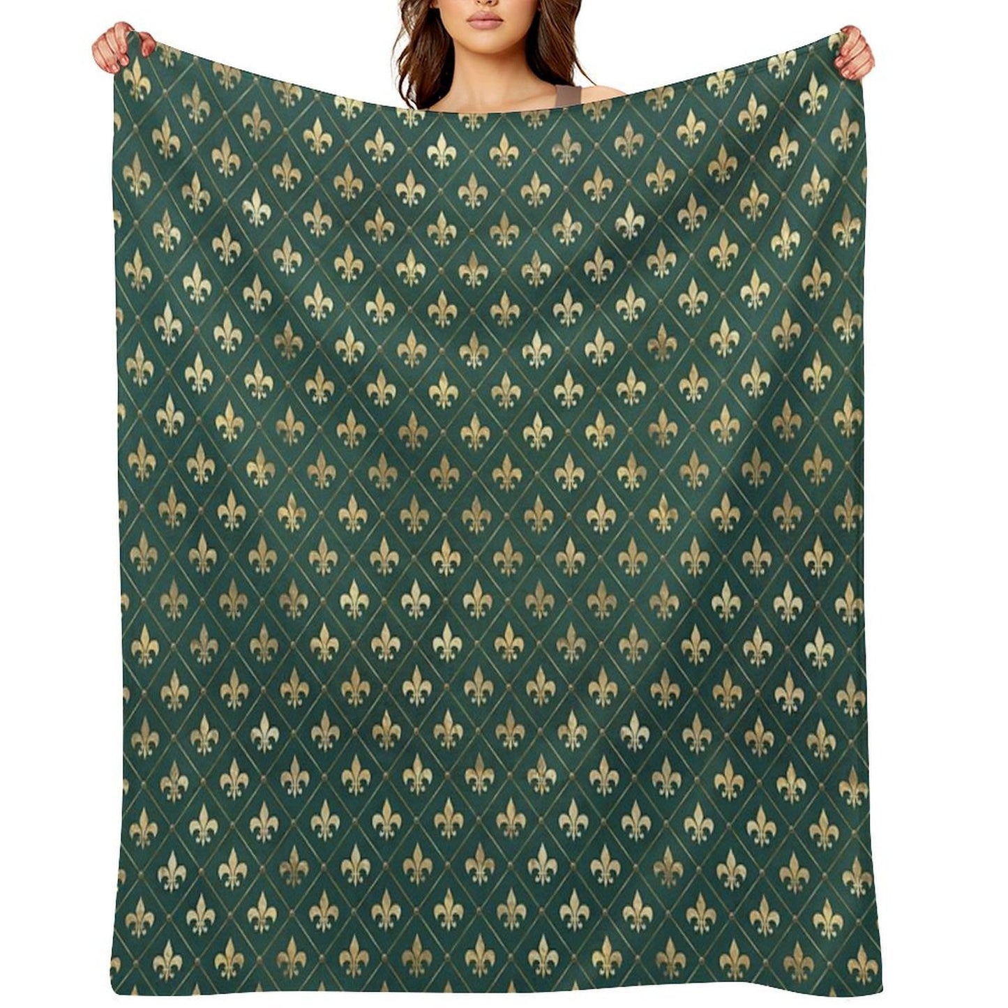 Gold Fleur-de-lis Design on A Green Background Premium Throw Blanket