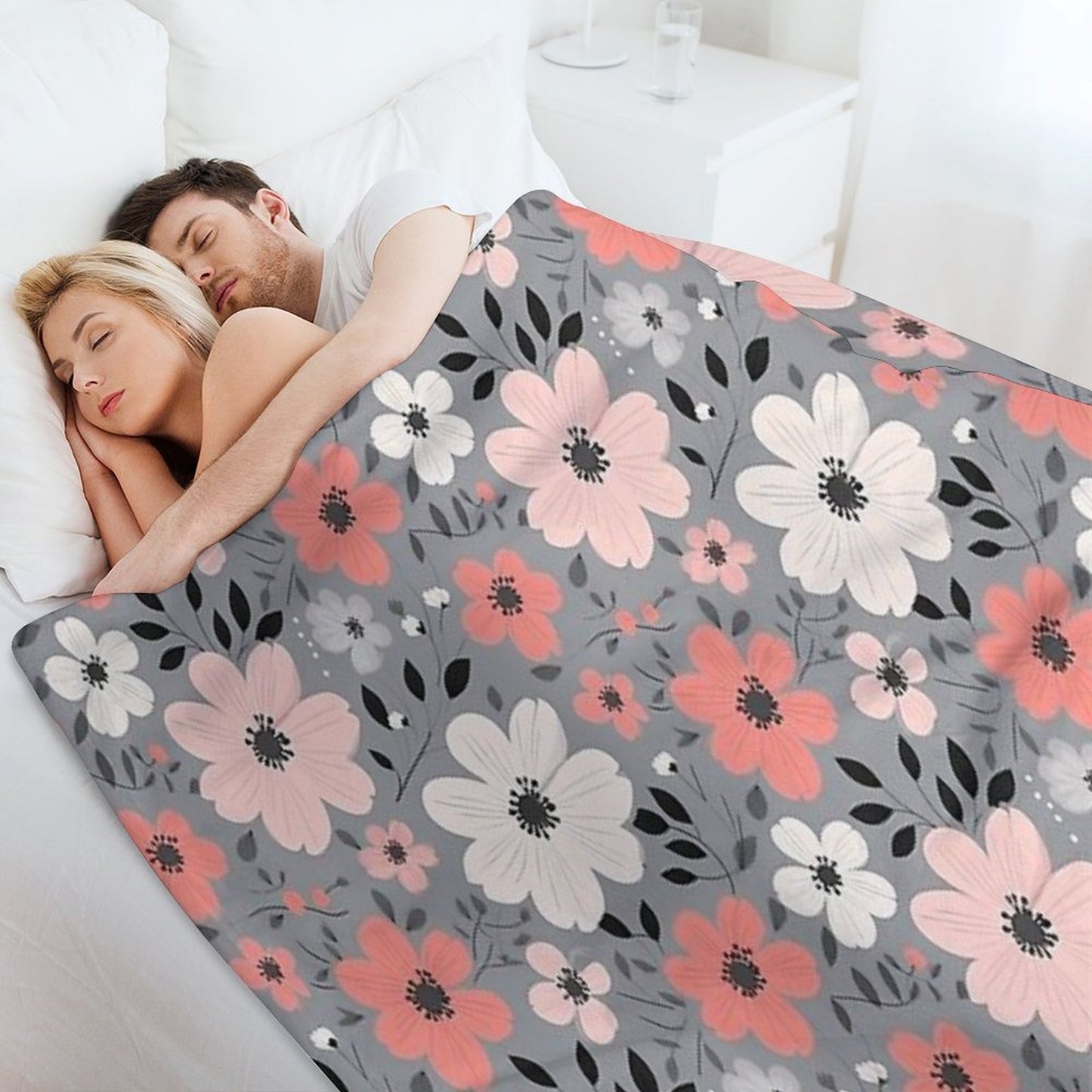 Pink Salmon White Grey Flowers Grey Background Pattern Velvety-soft Throw Blanket