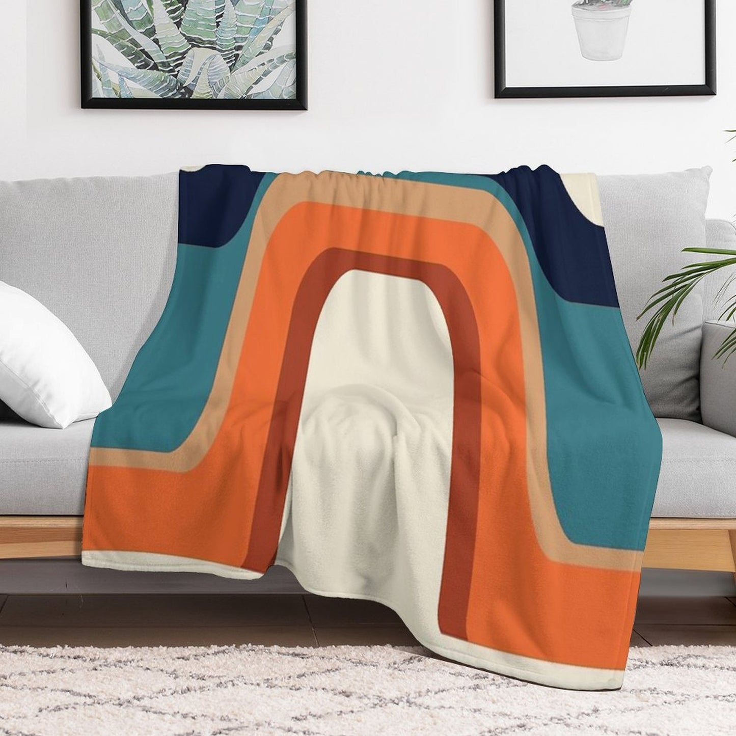 Mid-Century Modern Meets 1970s Orange And Blue Rainbow Sustainable Throw Blanket