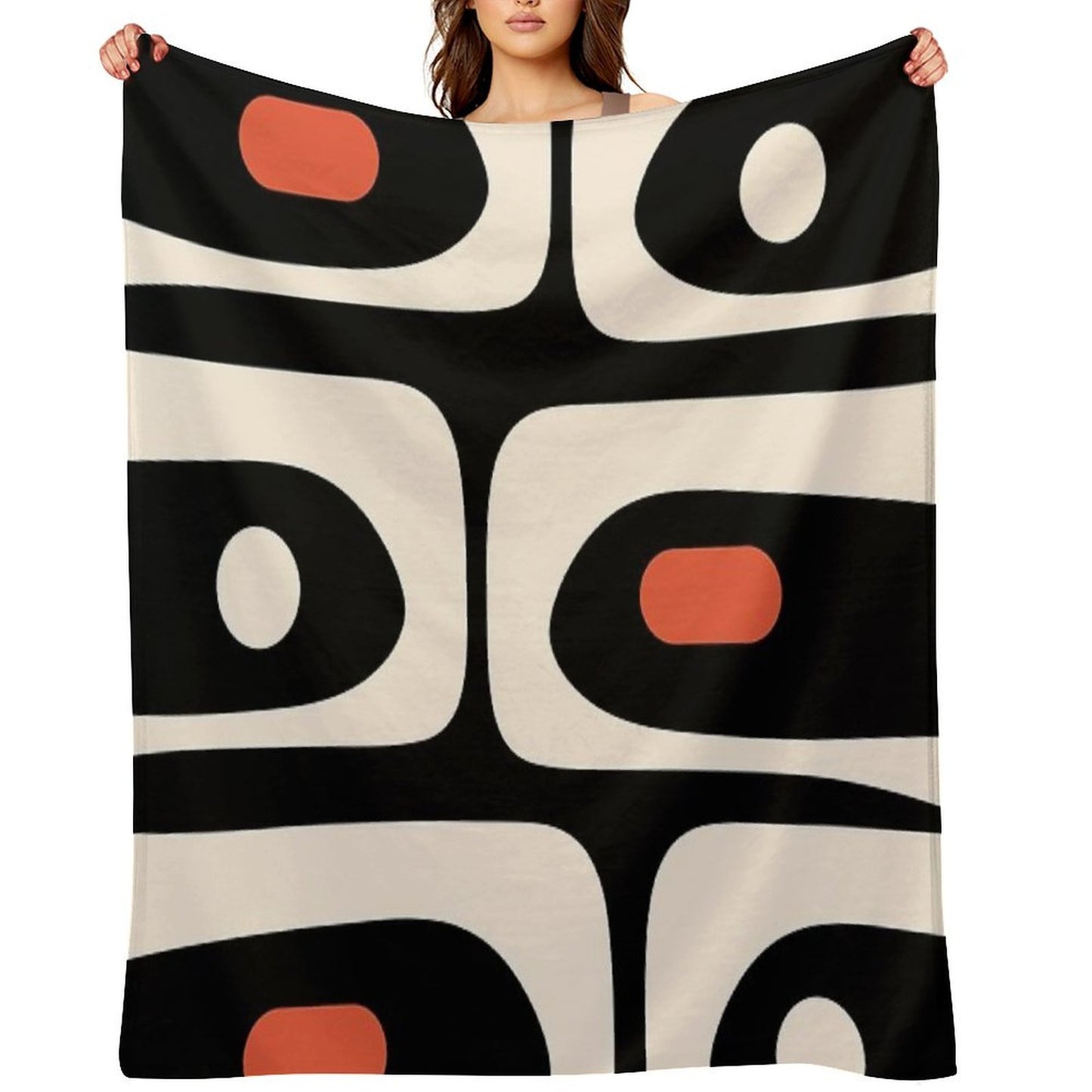 Mid Century Modern Piquet Abstract Pattern Black, Orange, And Almond Cream Travel-friendly Throw Blanket