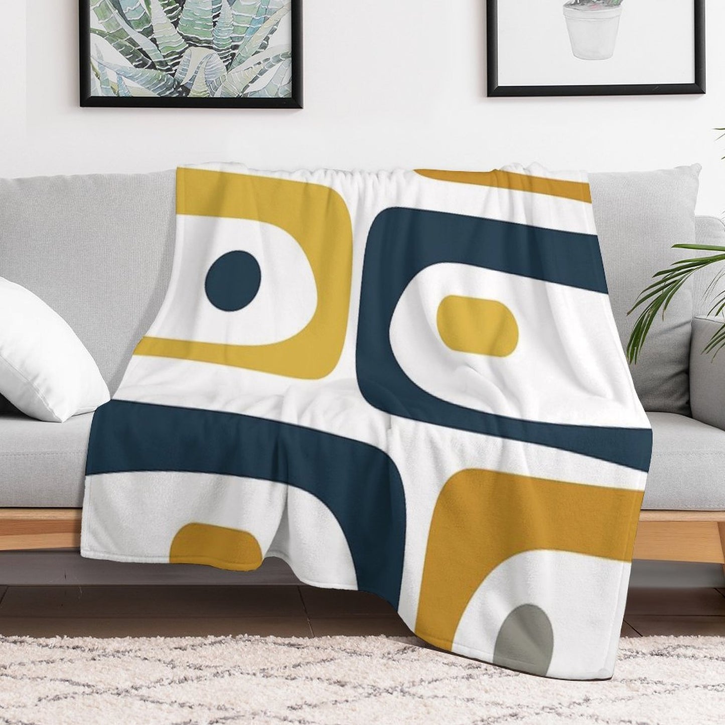 Mid Century Modern Piquet Abstract Minimalist Pattern in Navy Blue, Light And Dark Mustard, Grey, And White Lightweight Throw Blanket