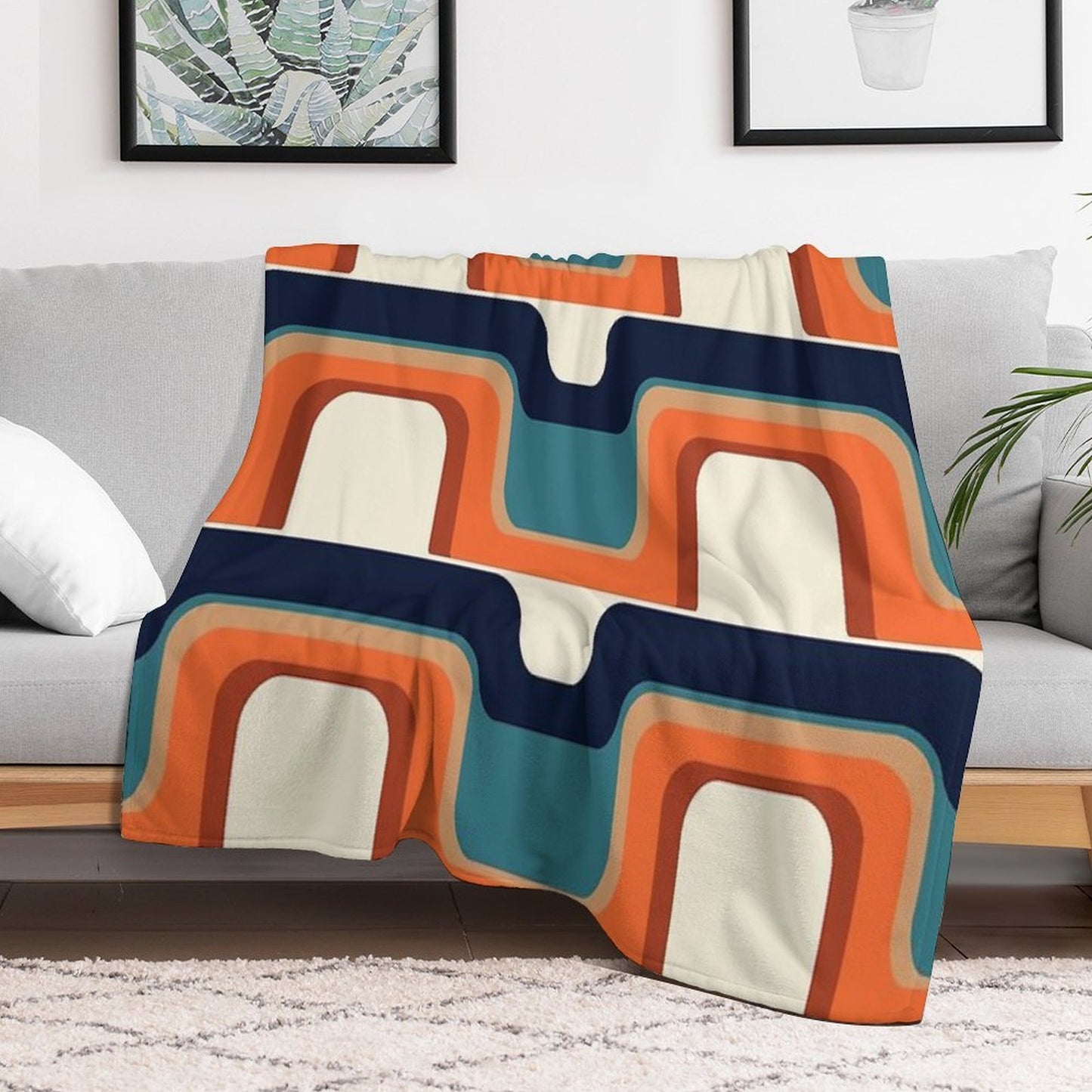 Mid-Century Modern Meets 1970s Orange & Blue Wrinkle-free Throw Blanket