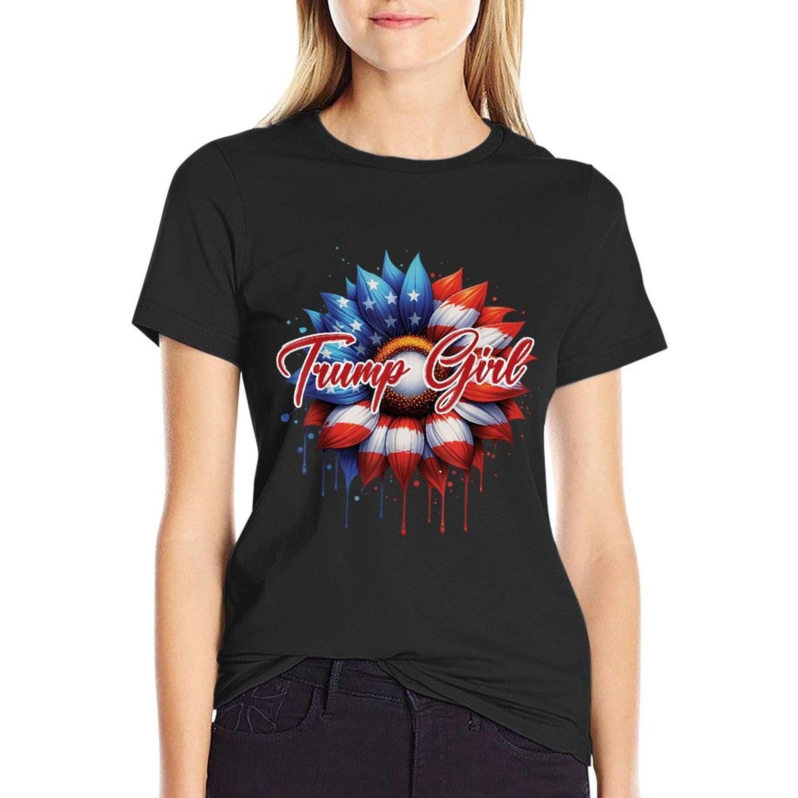 Trump Girl Trump 2024 American Flag Sunflower Re-Election  Polyester Blend T-Shirt