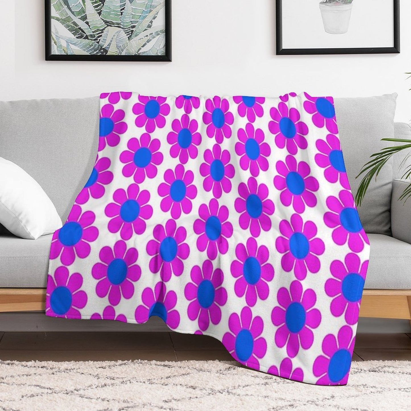 Pink Blue Hippie Flower Power Daisy Eco-conscious Throw Blanket