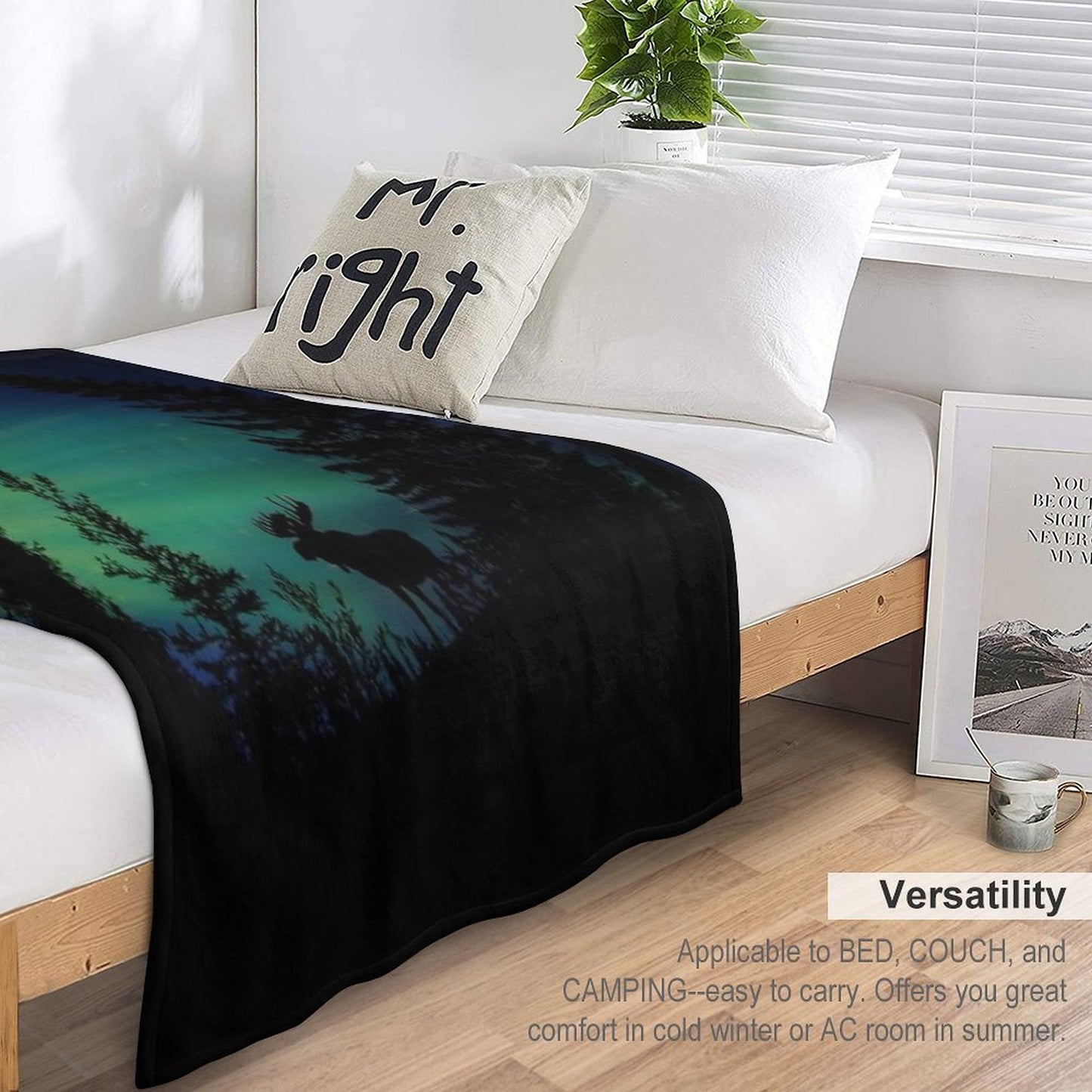 Moose with Northern Lights Shrink-resistant Throw Blanket