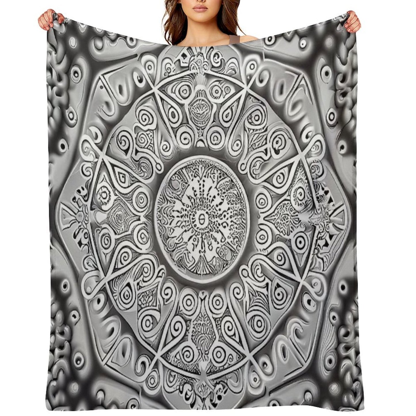 Symmetrical Monochromatic New Traditional Pattern Digital Painting Travel-friendly Throw Blanket