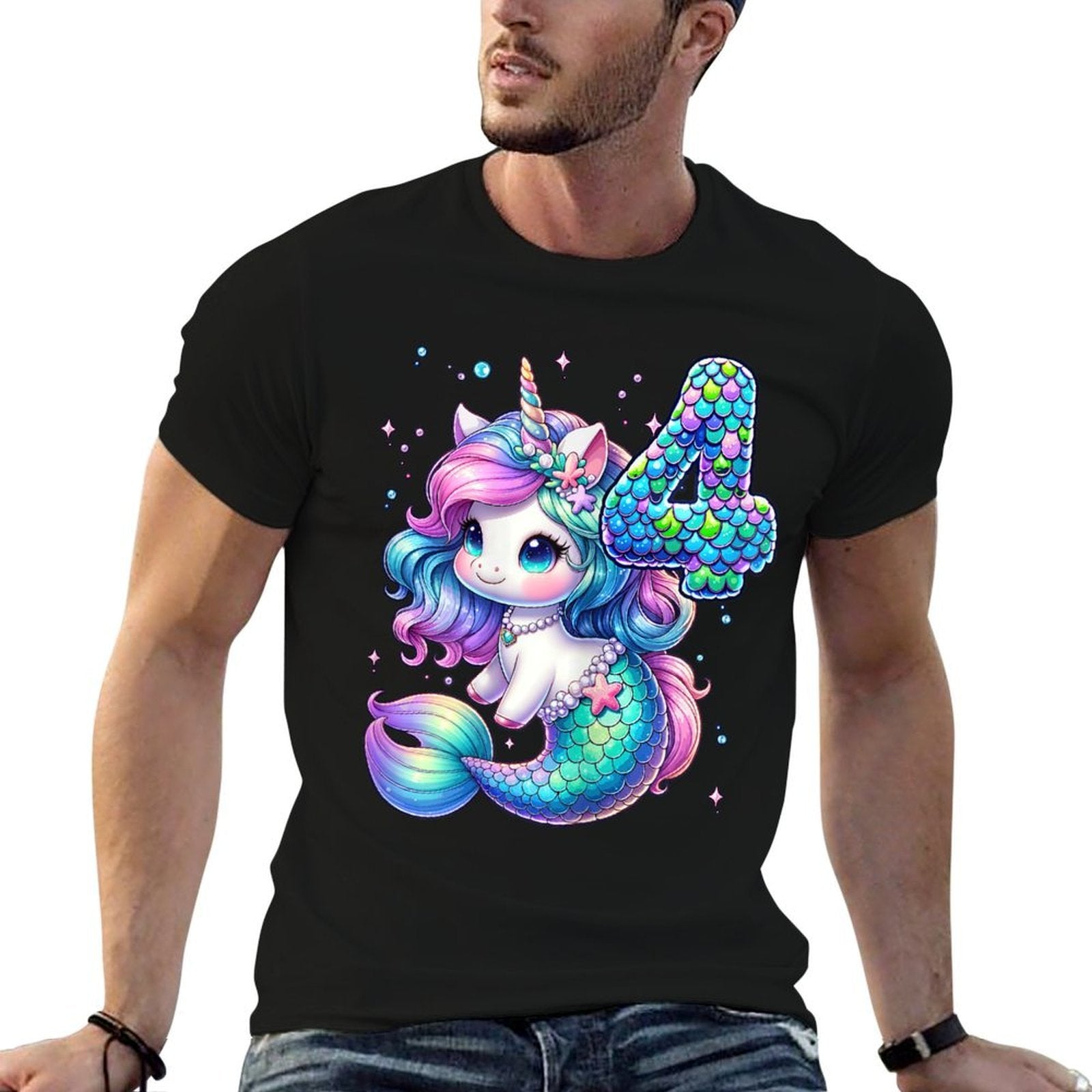 Unicorn Mermaid 4th Birthday 4 Year Old Party Girls Outfit  High-quality Stitching T-Shirt