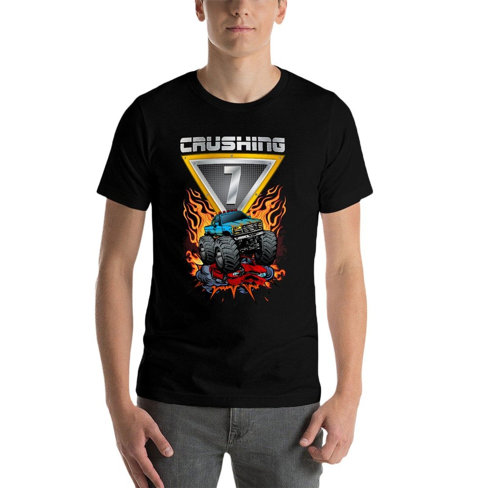 Kids Monster Trucks Crushing 7 Boys 7th Birthday Seventh Year Old  Tagless Design T-Shirt