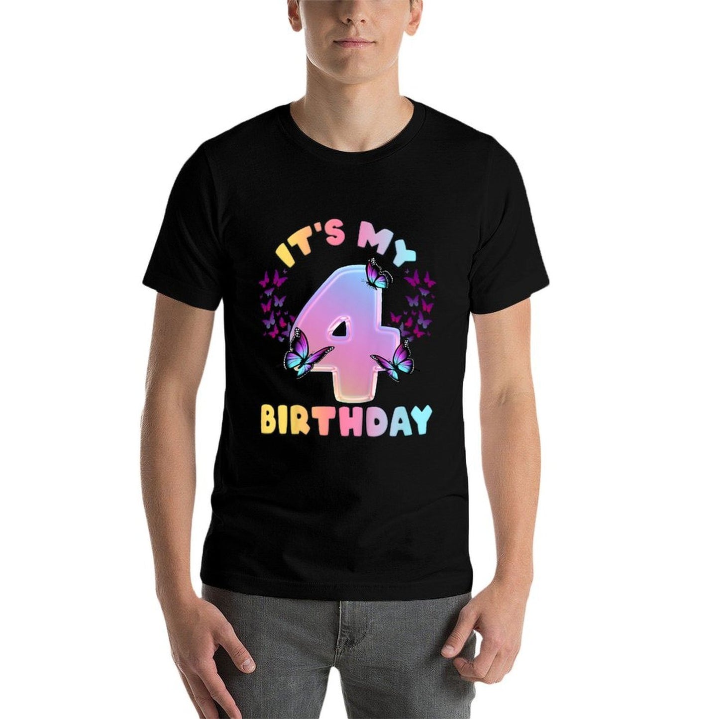 Kids Birthday Girl 4 Year Old, Butterflies, It's My 4th Birthday Tagless Design T-Shirt