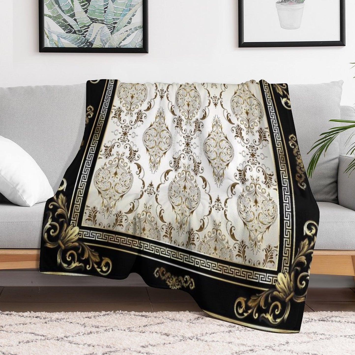 Ornate Baroque Cream Gold Black Greek Key Floral Sustainable Throw Blanket