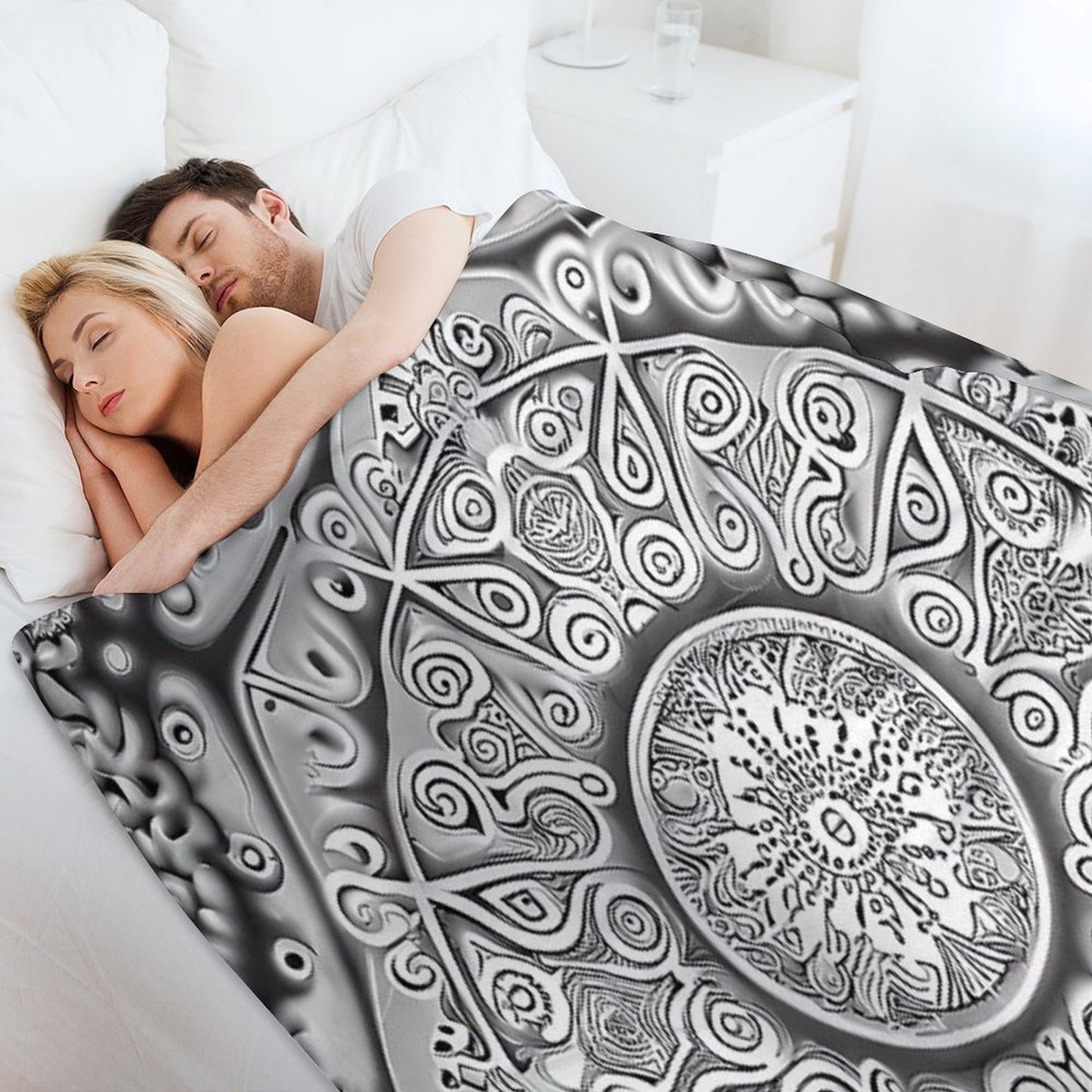 Symmetrical Monochromatic New Traditional Pattern Digital Painting Travel-friendly Throw Blanket