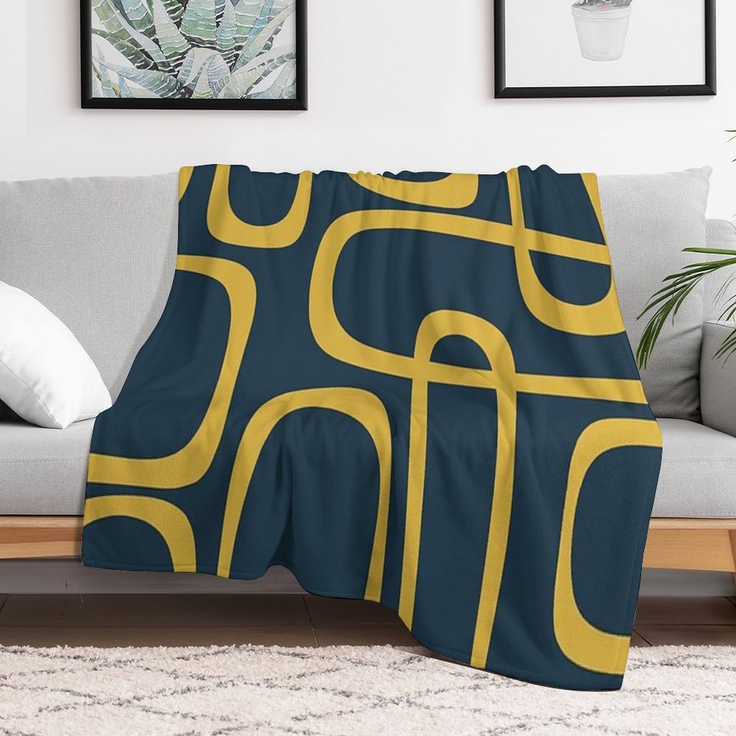 Midcentury Modern Loops Retro Pattern in Light Mustard And Navy Blue Lightweight Throw Blanket