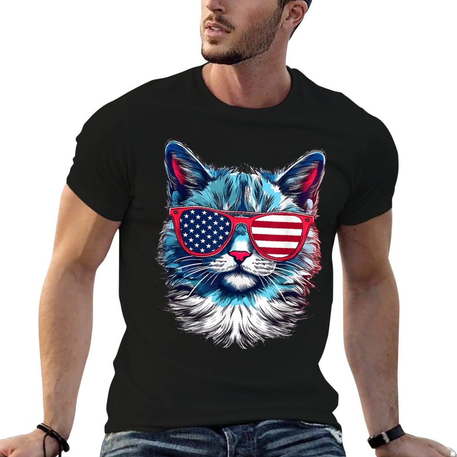 American Cat Sunglasses USA 4th of July Cat Graphic  Slim-fit Cut T-Shirt