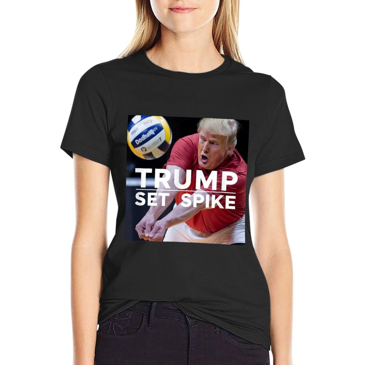 Trump Set Spike Funny Political Volleyball Player Humor Meme Rolled Sleeves T-Shirt
