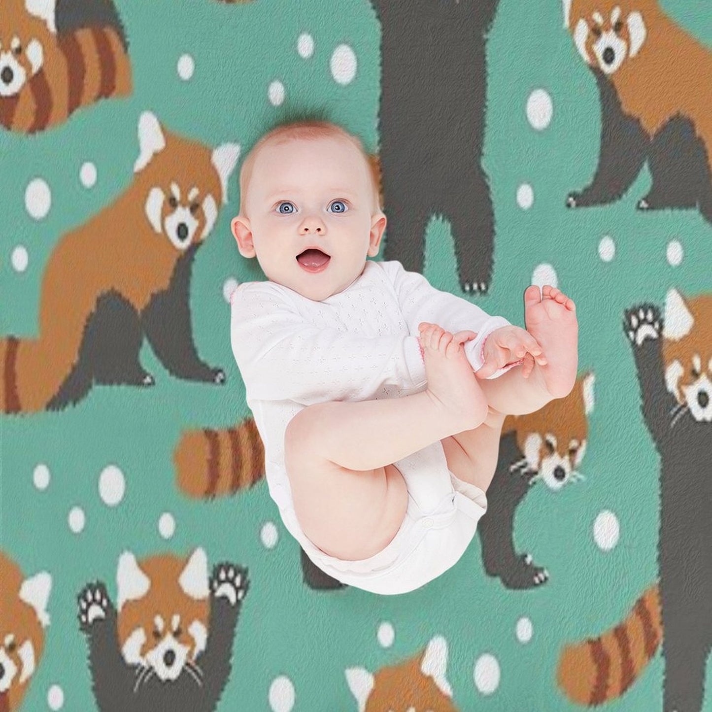 Cute Red Panda Pattern with White Dots And Turquoise Background Sustainable Throw Blanket
