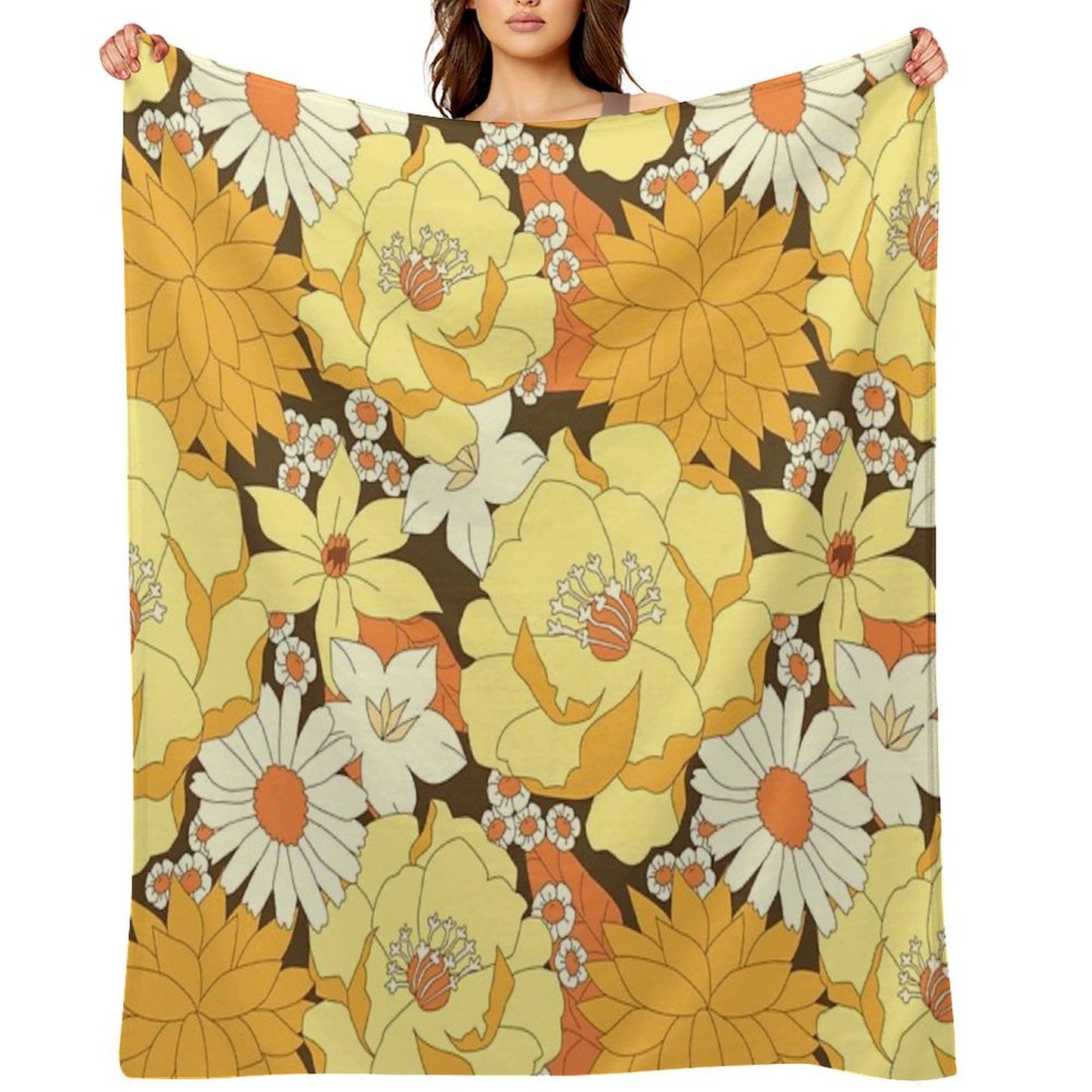 Yellow, Orange And Brown Vintage Floral Pattern Machine-washable Throw Blanket