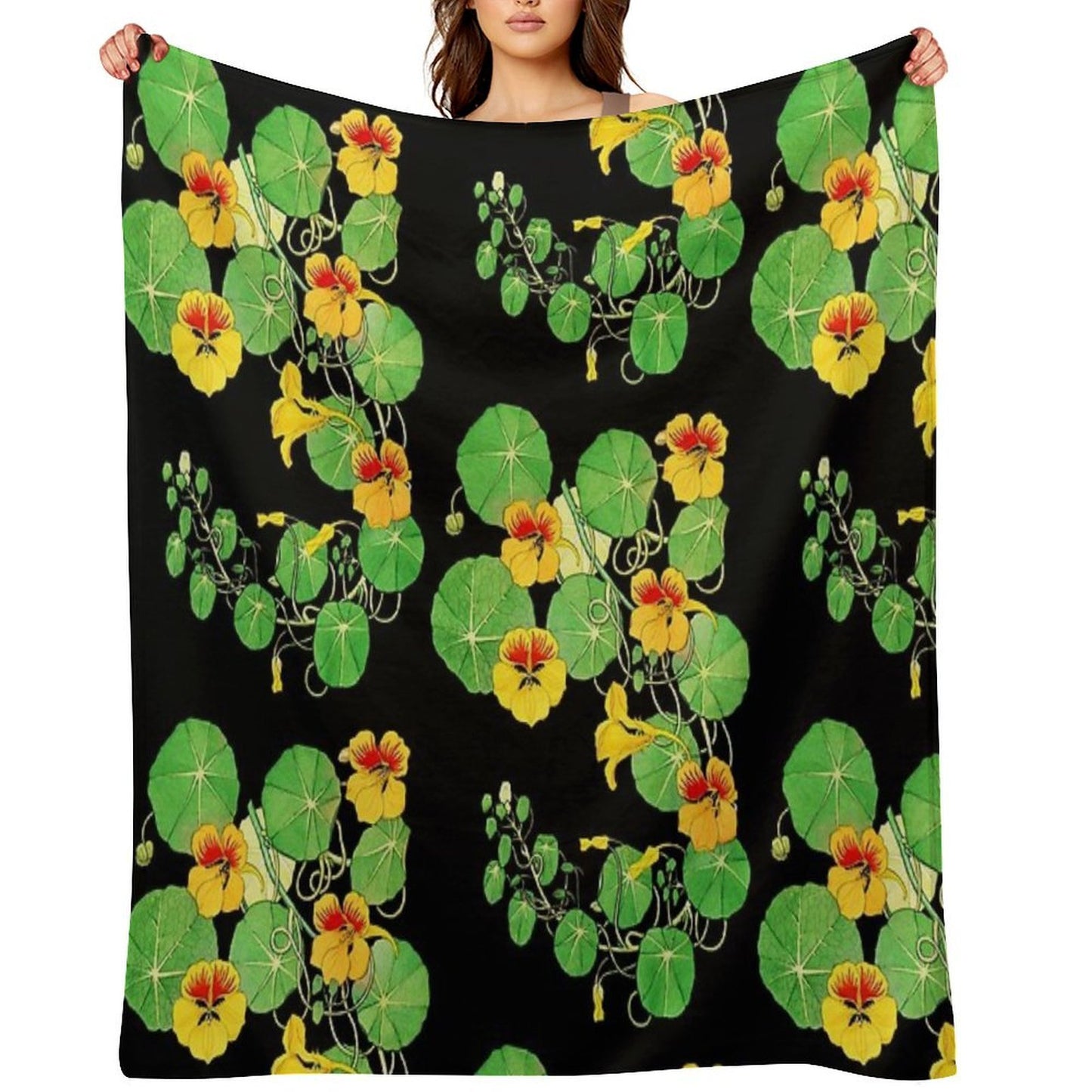 Yellow Nasturtium Flower Botanical Illustration Gift-ready Throw Blanket
