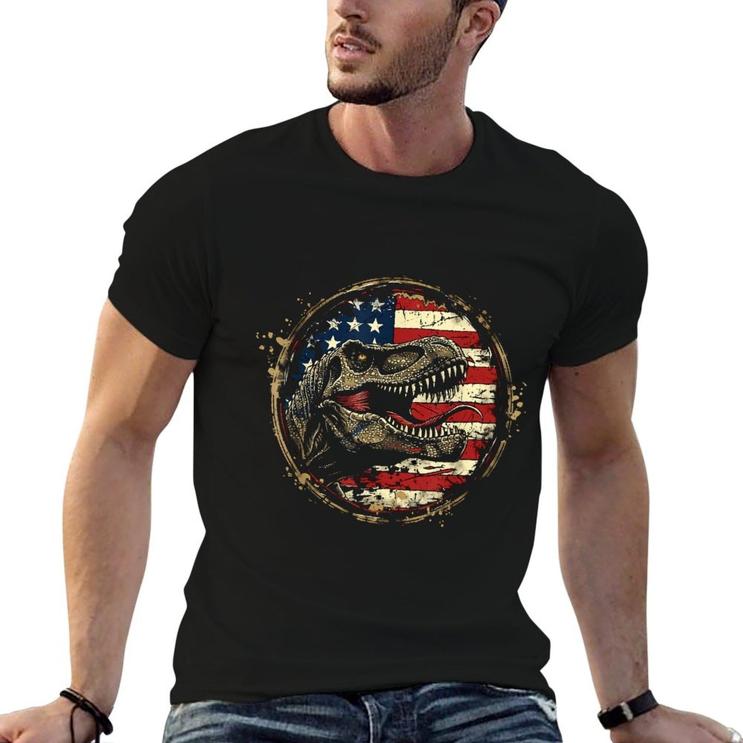 Dinosaur 4th of July America Vintage Amerisaurus Rex for Women Kids Men Wrinkle-resistant T-Shirt