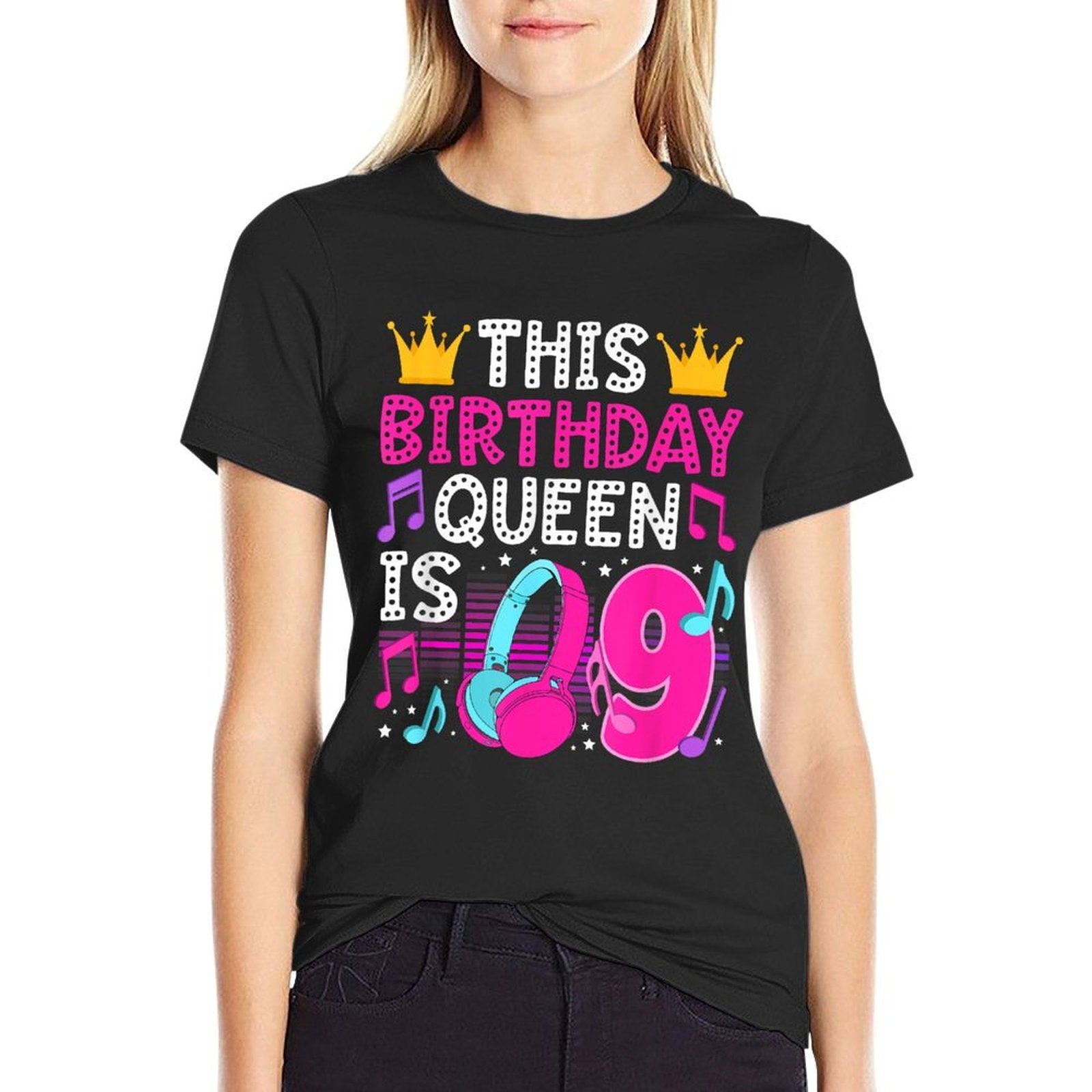 9th Music Birthday Party Nine Year Old Musical Birthday  Ribbed Collar T-Shirt
