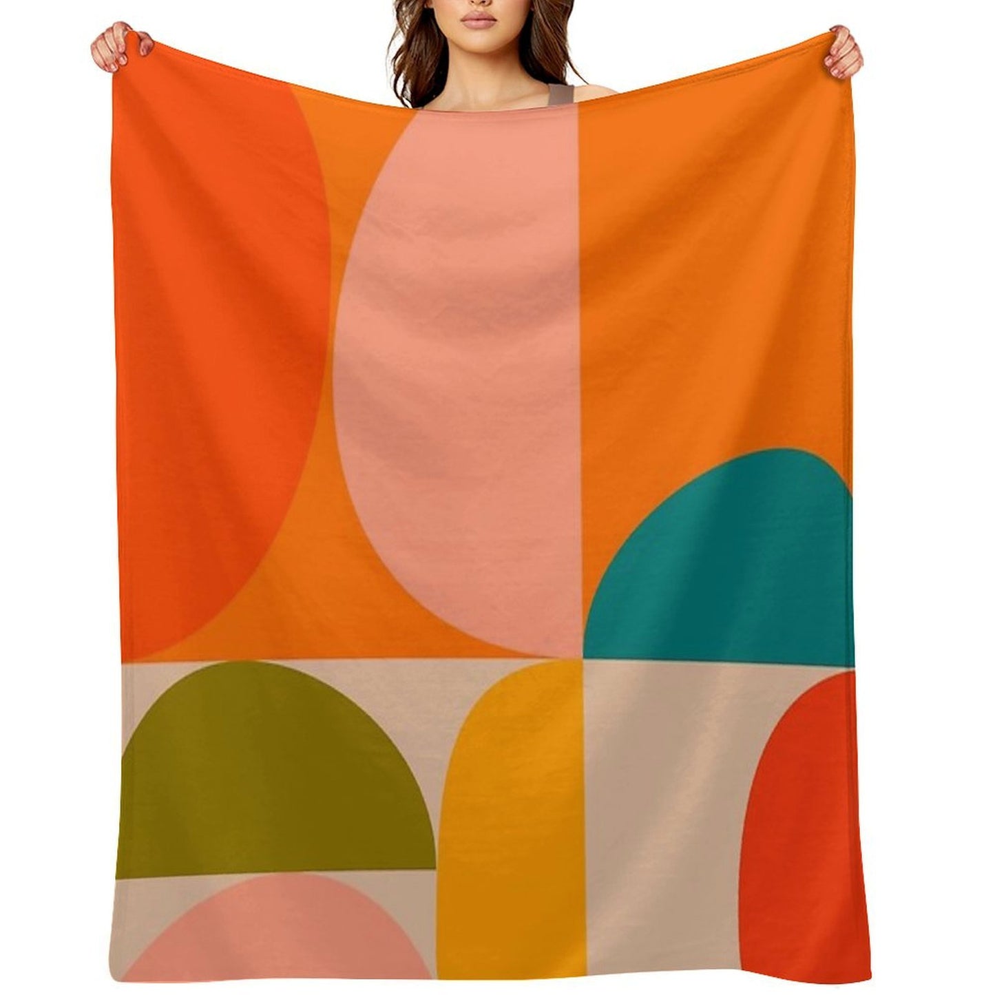 Mid Century Modern, Geometric, Retro Design, Round, Summer, Variation 2, Coral, Orange, Teal Sustainable Throw Blanket