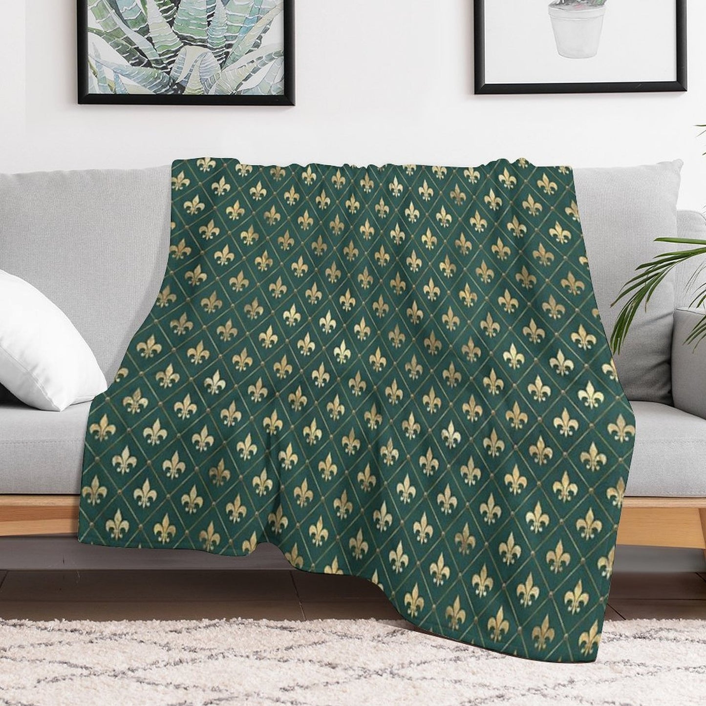 Gold Fleur-de-lis Design on A Green Background Premium Throw Blanket