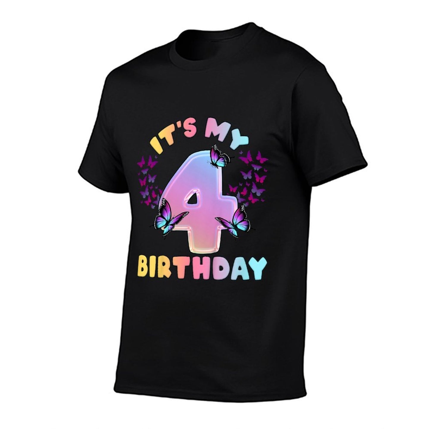 Kids Birthday Girl 4 Year Old, Butterflies, It's My 4th Birthday Tagless Design T-Shirt