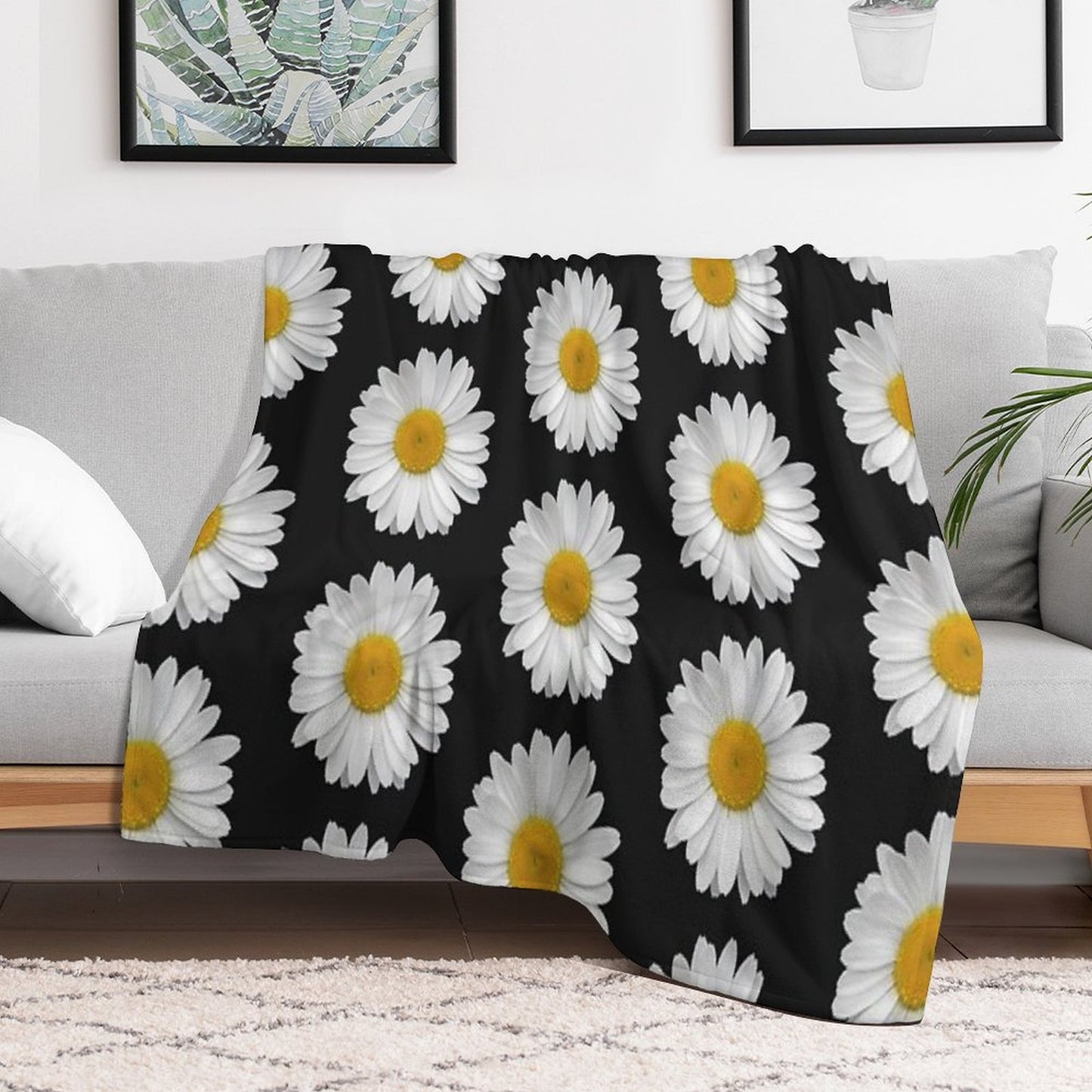 Modern Simple Elegant White Daisy Flowers on Black Anti-pilling Throw Blanket