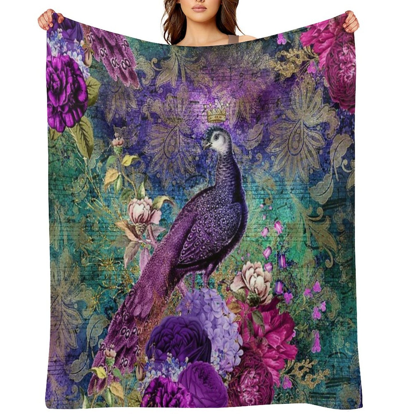 Elegant Vintage Purple Teal Peacocks Velvety-soft Throw Blanket