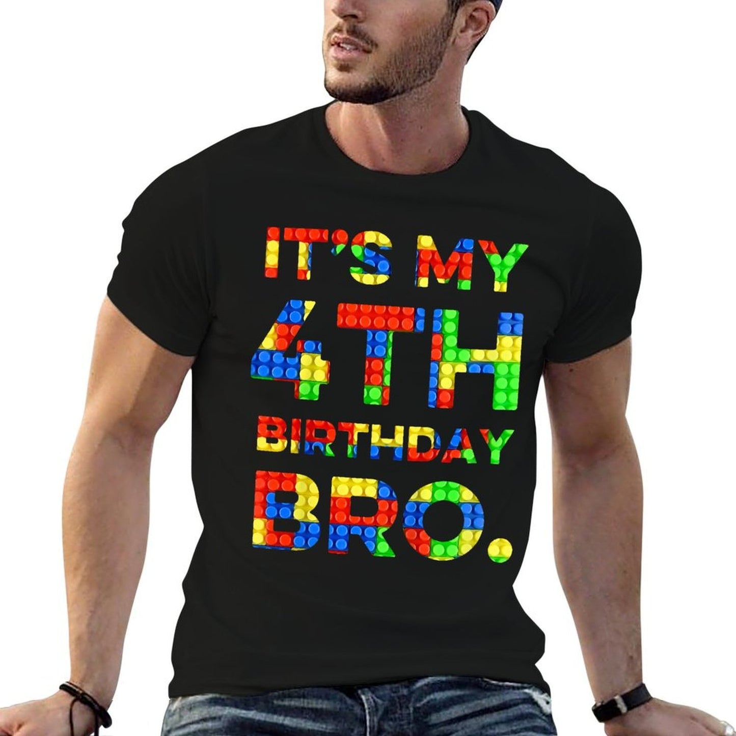 Kids Cute 4th Birthday Shirt 4 Years Old Block Building Boys Fade-proof Color T-Shirt