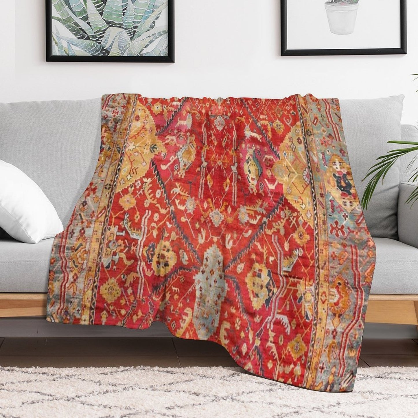 Antique Turkish Oushak Rug Print Gift-ready Throw Blanket