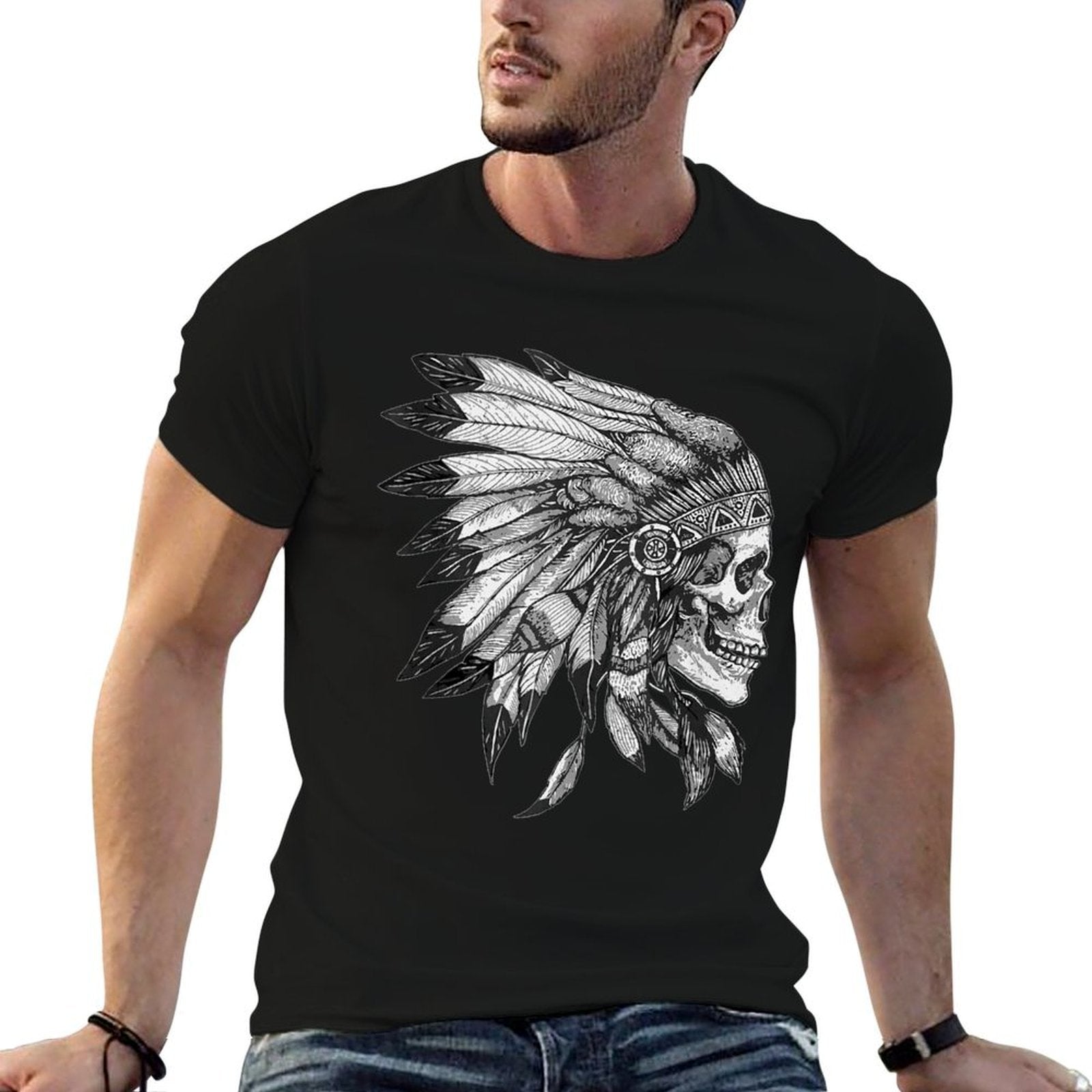 American Motorcycle Skull Native Indian Eagle Chief Vintage  Trendy Pattern T-Shirt