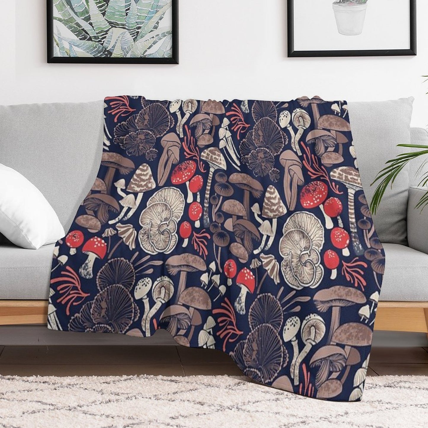 Mystical Fungi Midnight Blue Background Brown Red And Coral Wild Mushrooms Easy Care Throw Blanket