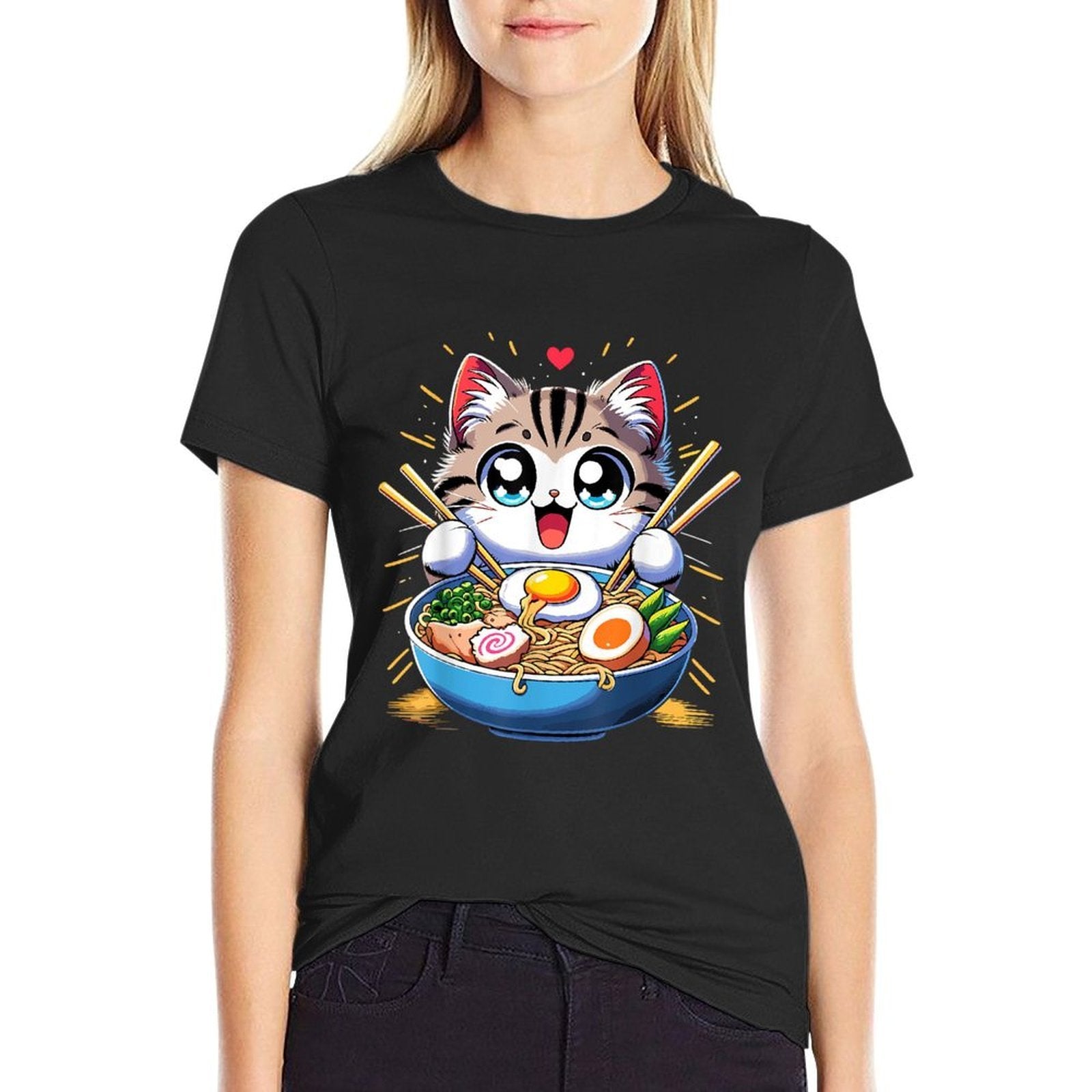 Kawaii Cat Japanese Anime Manga Cat Ramen  High-quality Stitching T-Shirt