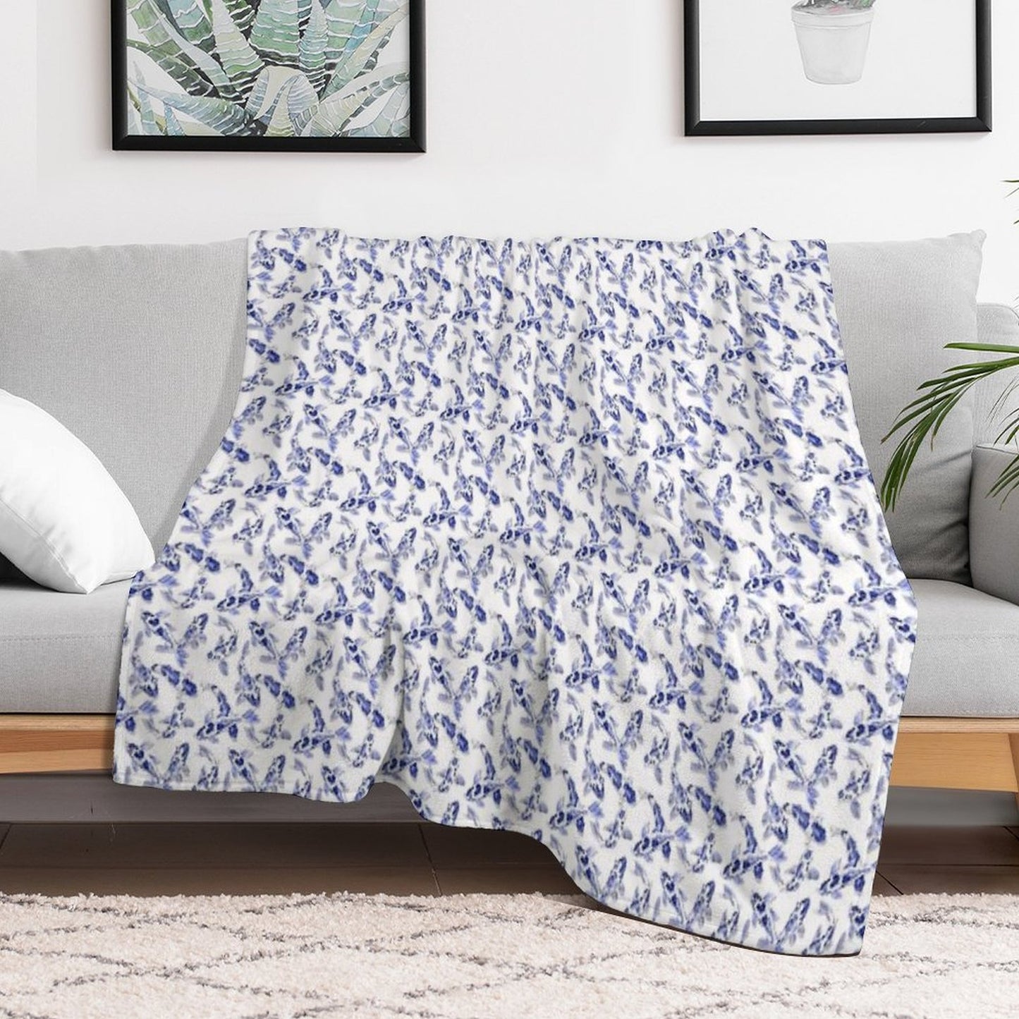 Blue And White Koi Fish Artwork – Zen Wall Decor for Home & Office Versatility Throw Blanket