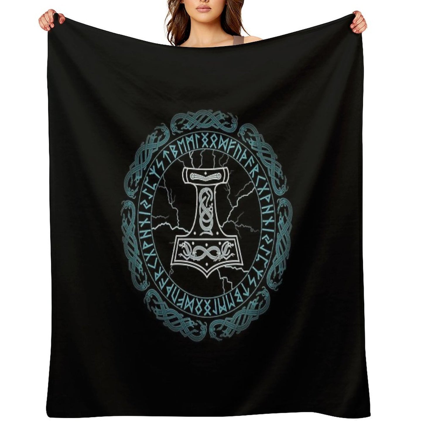 Mjölnir Hammer of Thor Runes Velvety-soft Throw Blanket