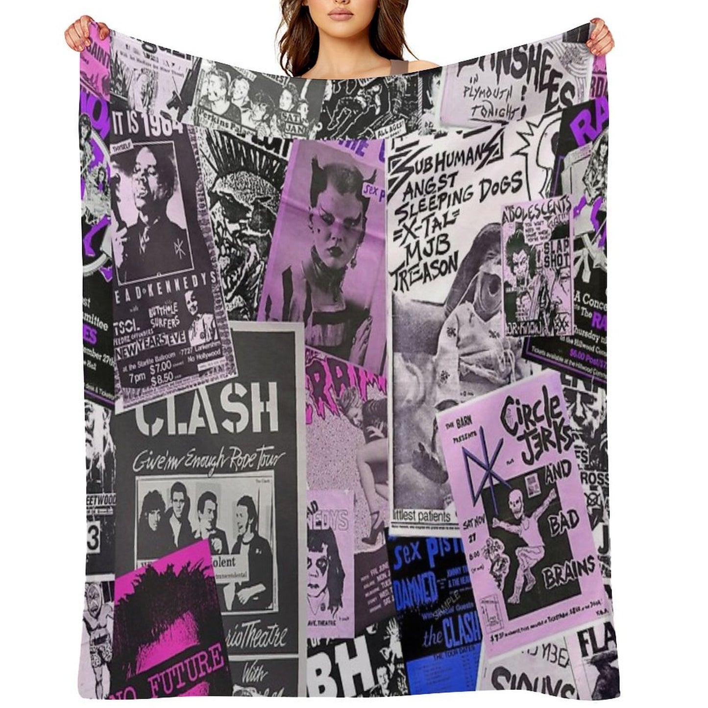 Punk Rock Bands Flyers Collage Aesthetic Punk Colors Eco-conscious Throw Blanket