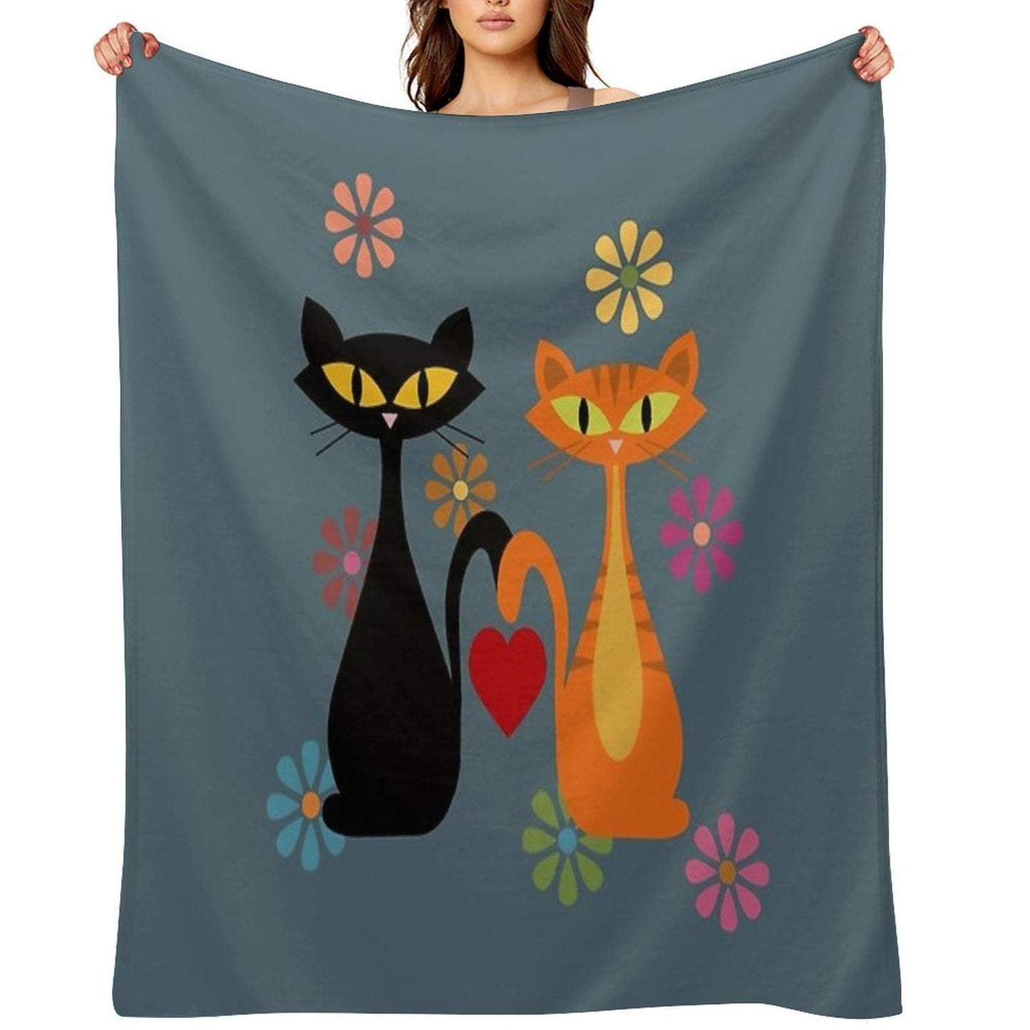 Mid Century Orange And Black Cats in Love Eco-conscious Throw Blanket