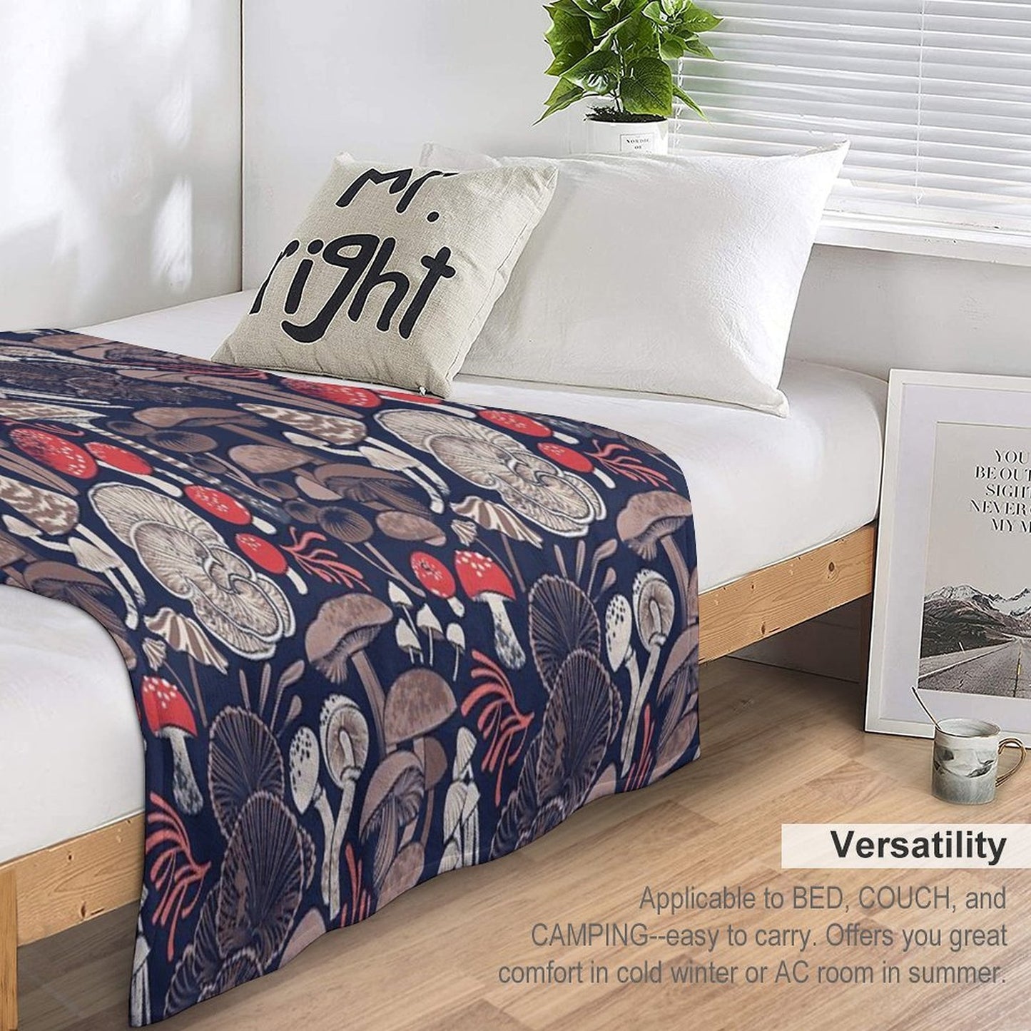 Mystical Fungi Midnight Blue Background Brown Red And Coral Wild Mushrooms Easy Care Throw Blanket