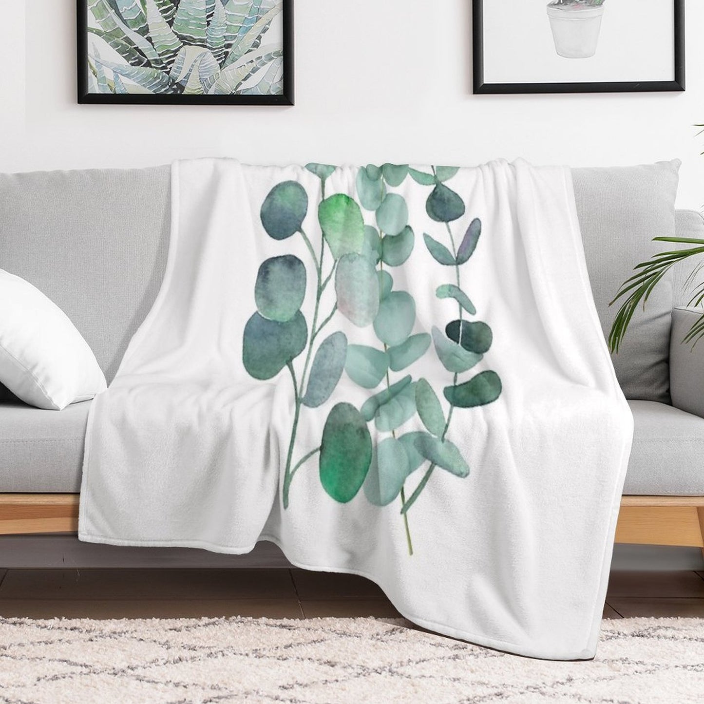 Watercolor, Eucalyptus, Leaves, Botanical, Painting, Green Machine-washable Throw Blanket