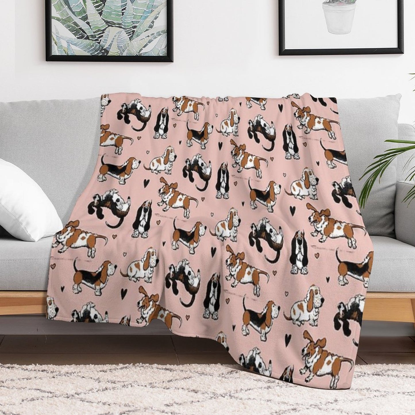 Basset Buddies on Pale Pink Compact Throw Blanket