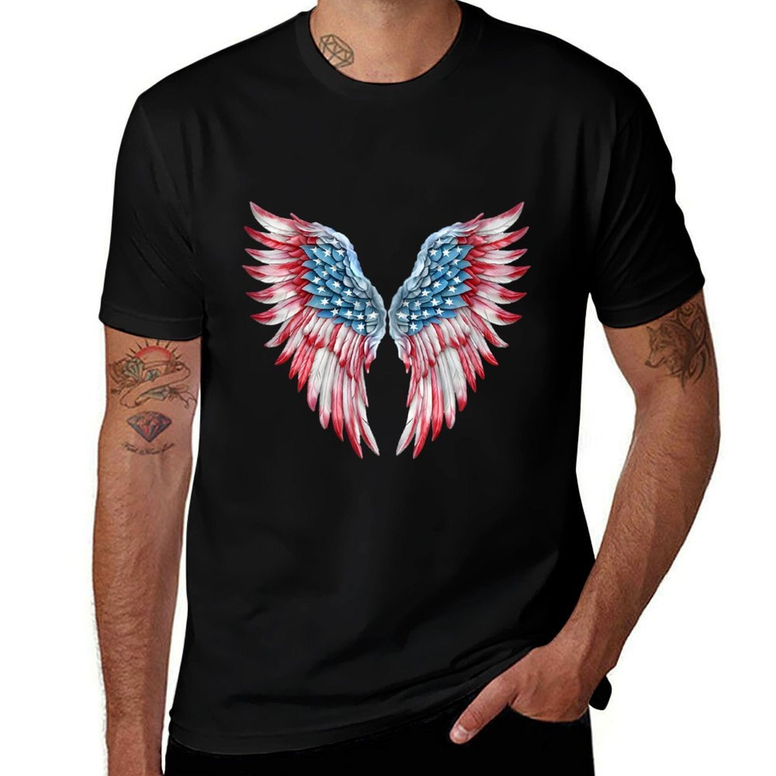 Veterans Day, 4th of July Patriotic Wings Angel Usa Flag Premium  Ribbed Collar T-Shirt