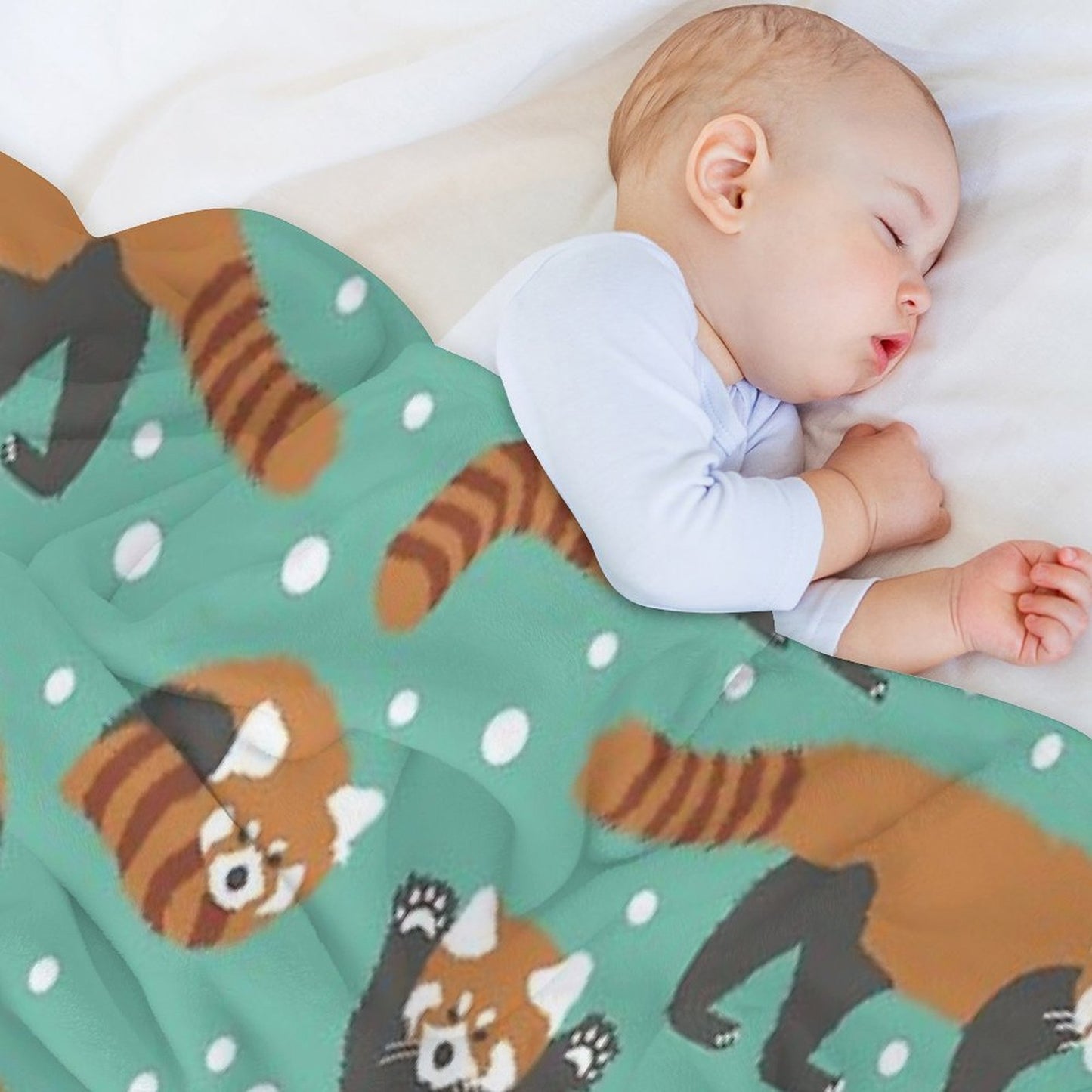 Cute Red Panda Pattern with White Dots And Turquoise Background Sustainable Throw Blanket