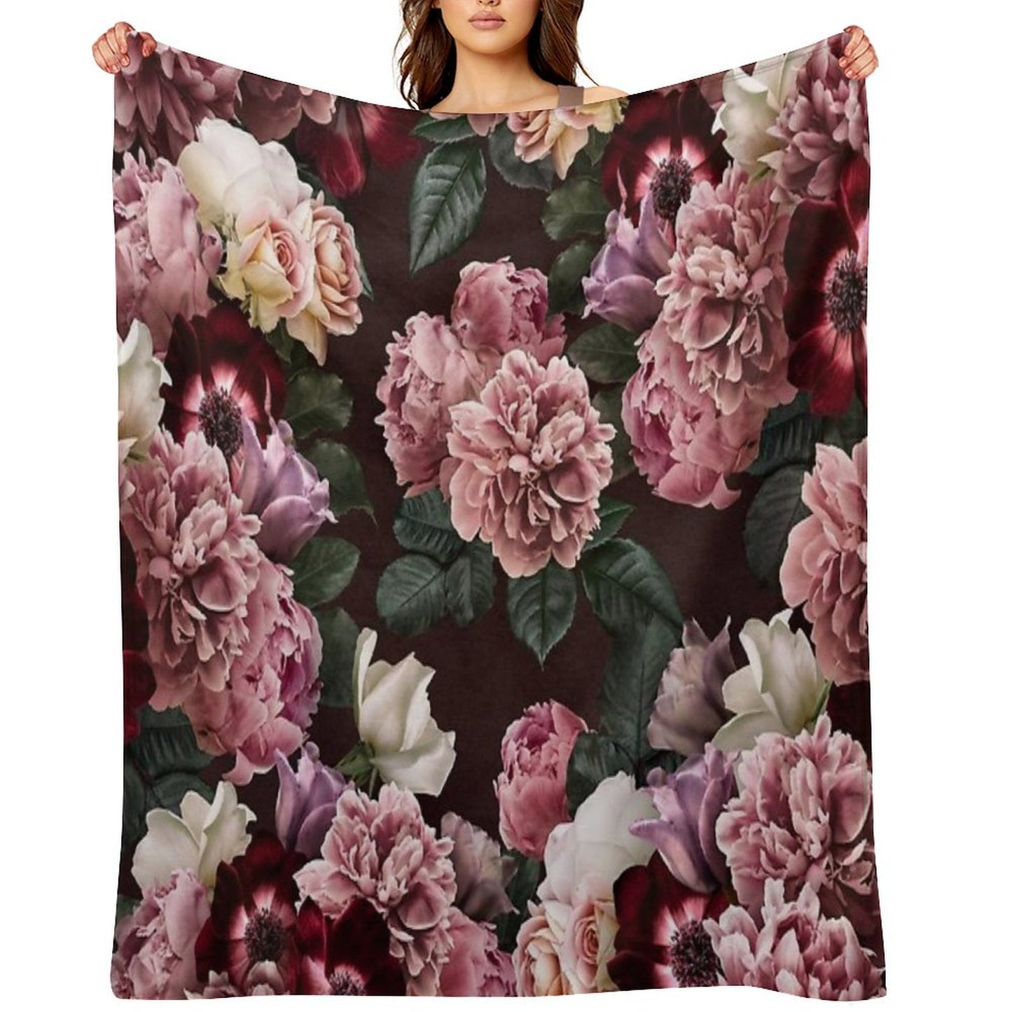 Vintage Bouquets of Pink Lush Peonies, Purple Tulips, Roses And Dark Red Anemones. Plush Throw Blanket