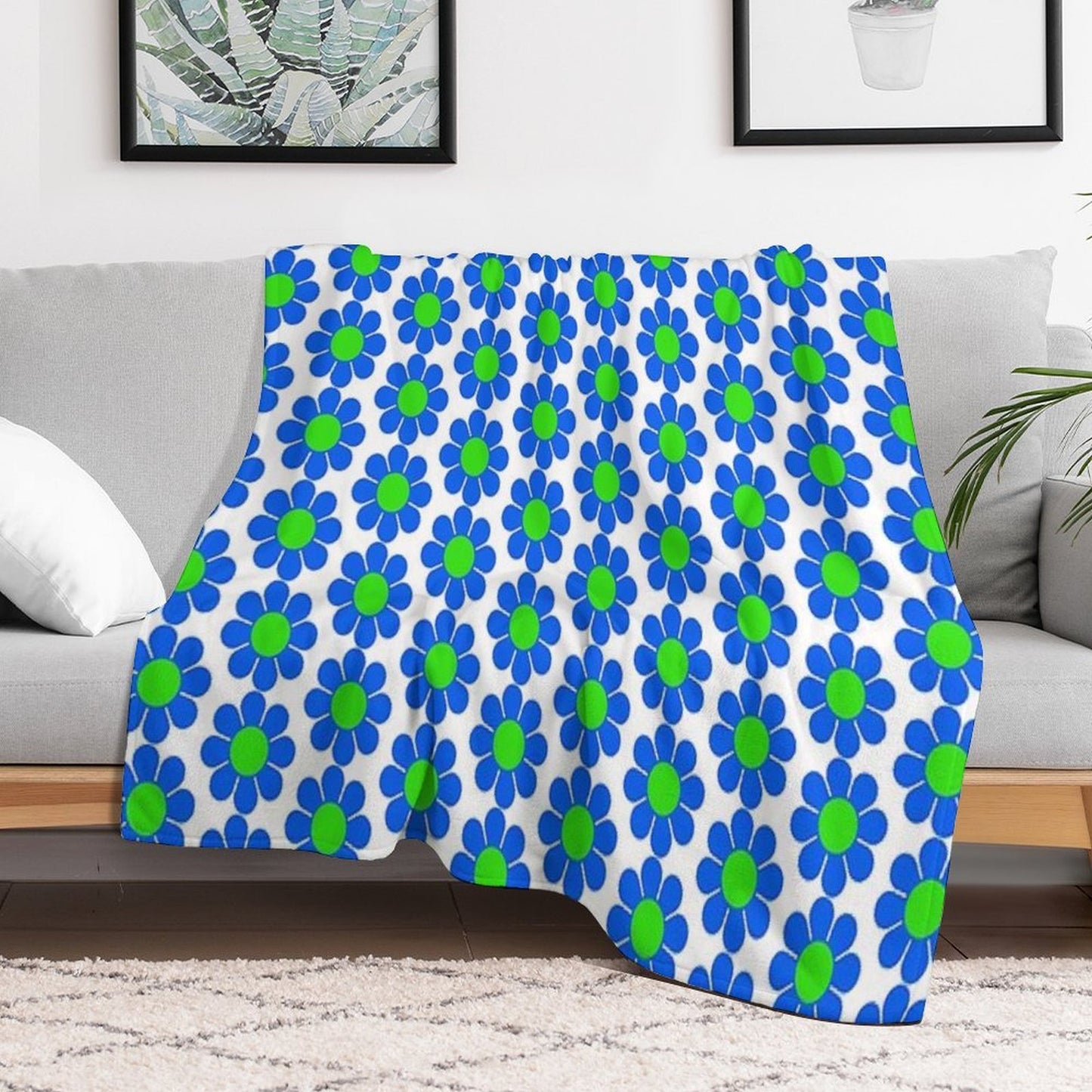 Blue Green Hippy Flower Daisy Wrinkle-free Throw Blanket