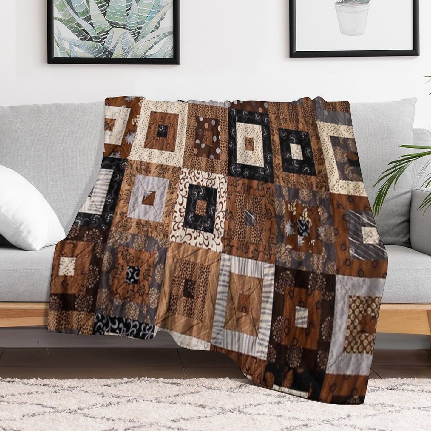 Classic Retro Brown Quilted Patchwork Quilting Pattern Mosaic Motif Multi-functional Throw Blanket
