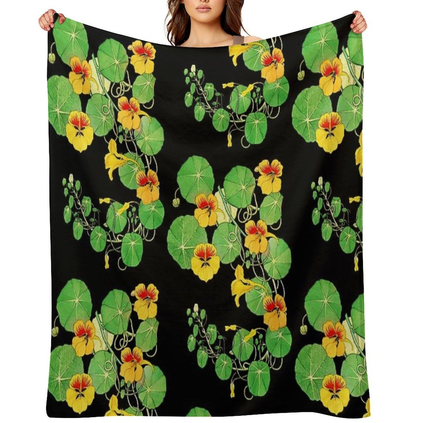 Yellow Nasturtium Flower Botanical Illustration Gift-ready Throw Blanket