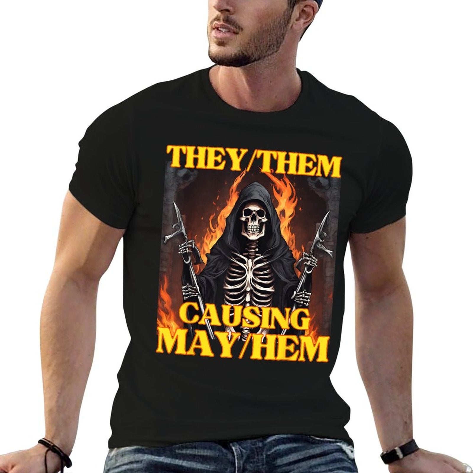 They Them Mayhem Funny Cringe Hard Skeleton Meme  Vintage-inspired T-Shirt
