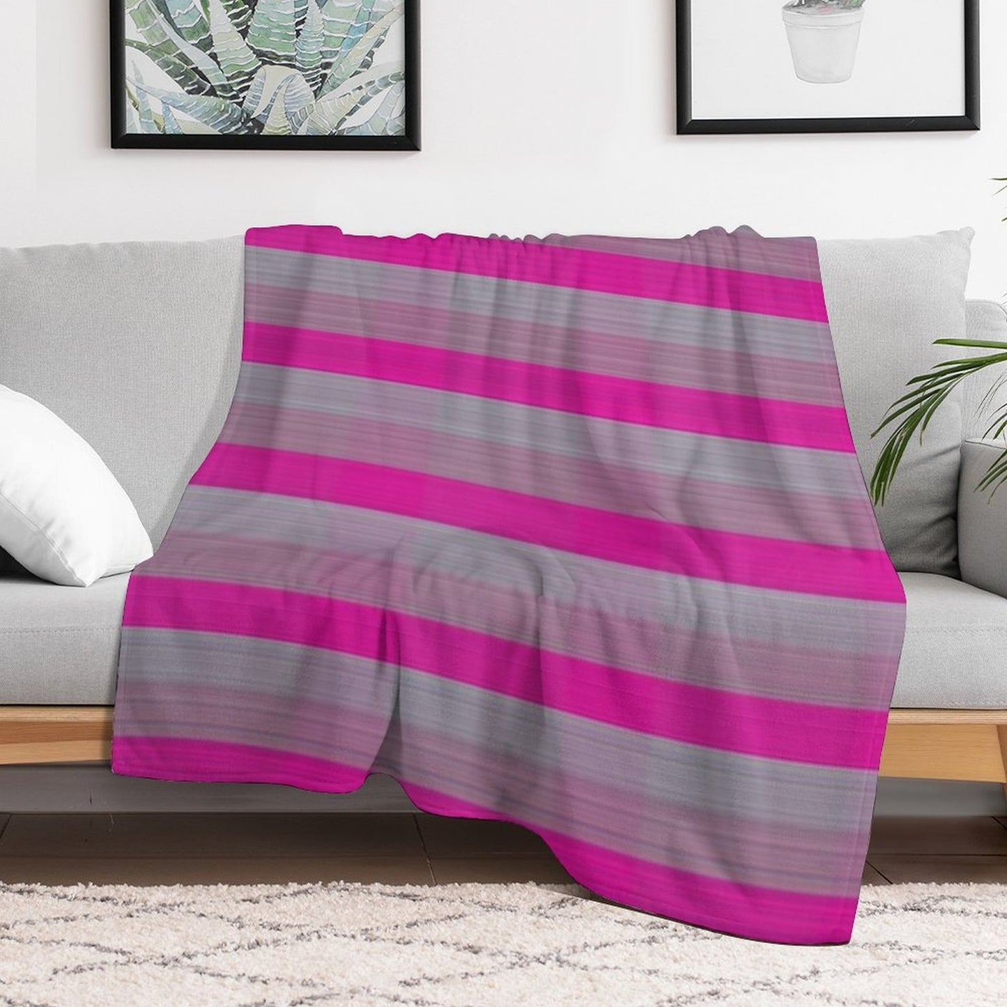 Bright Pink Silver Fabric Lines Pattern Easy Care Throw Blanket