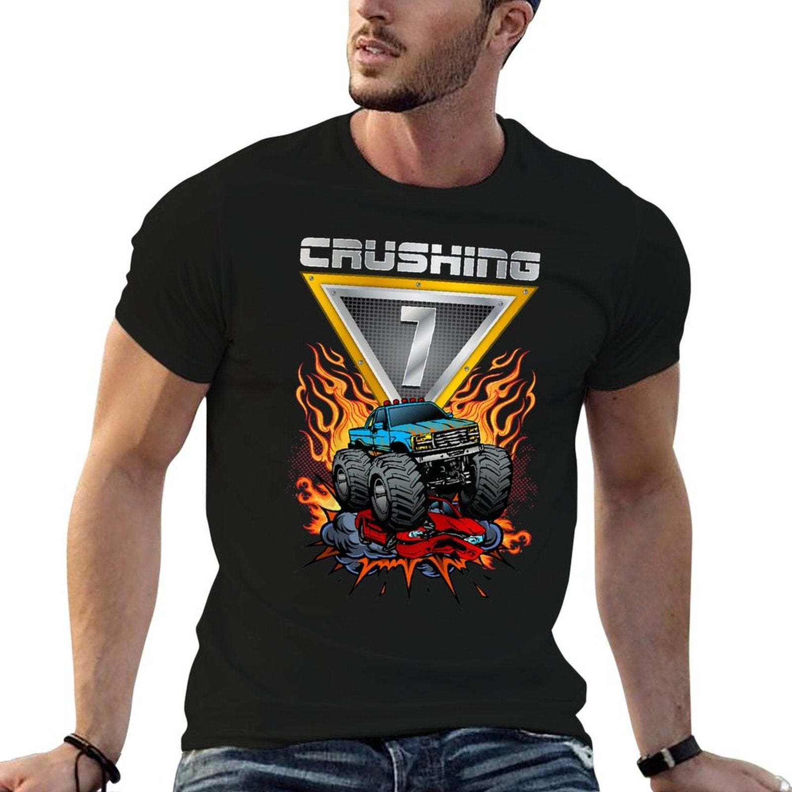 Kids Monster Trucks Crushing 7 Boys 7th Birthday Seventh Year Old  Tagless Design T-Shirt
