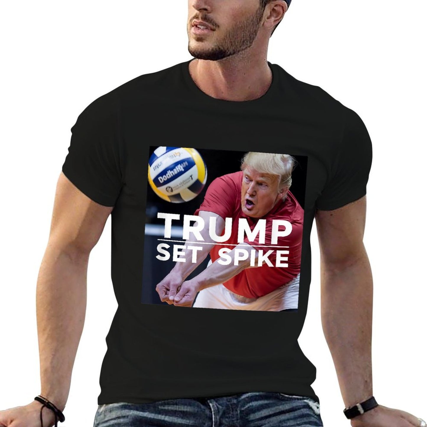 Trump Set Spike Funny Political Volleyball Player Humor Meme Rolled Sleeves T-Shirt
